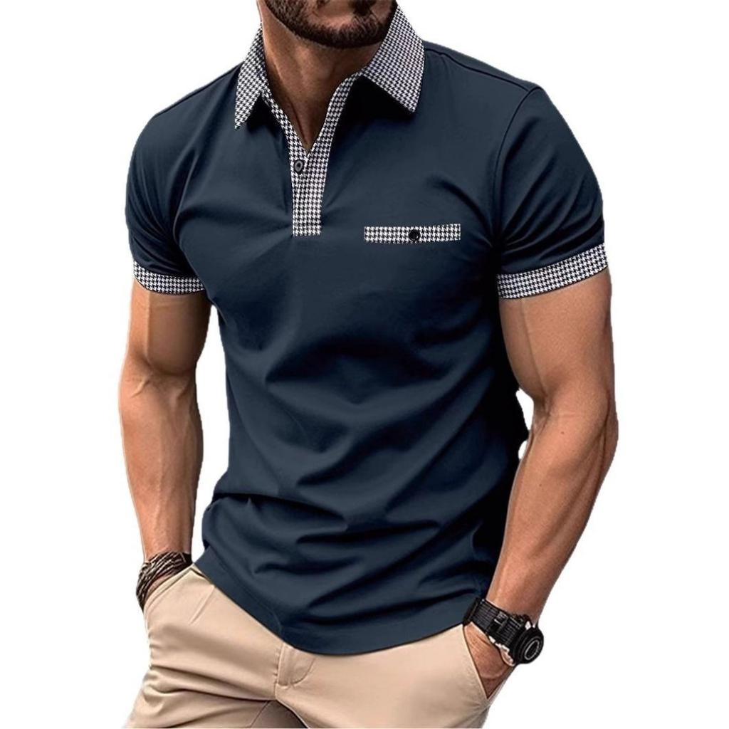 Men's Summer Fashion Loose Polo Shirts Short Sleeve Plaid Turn-down Collar T-shirt Top
