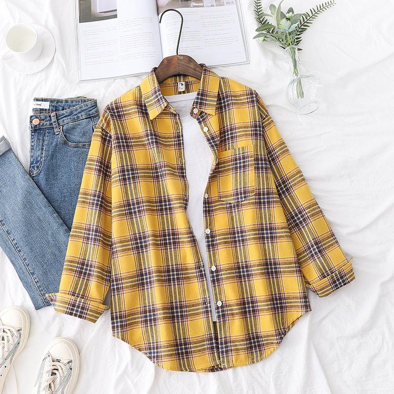 Retro plaid brushed long-sleeve shirt for women 2026 spring and autumn loose casual versatile cardigan jacket S