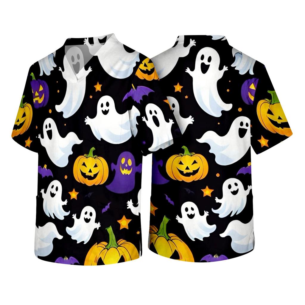 Men's Short Sleeve V Neck Halloween Print Medical Scrub Top with Chest Pocket Comfortable Fit Durable Fabric Suitable for Healthcare Professionals