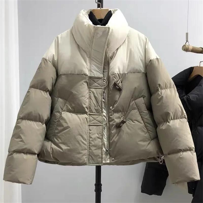 2025 New Cotton-Padded Jacket Korean Version Contrast Down Cotton Coat Horn Buckle Loose Fashion Overcoat Parkas Bread Jackets