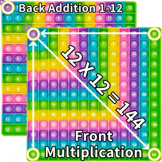 Double-Sided Math Pop Board for Kids - 12x12 Multiplication & 1+1 to 12+12 Addition Tables, STEM Sensory Learning Toy with Poppable Bubbles,