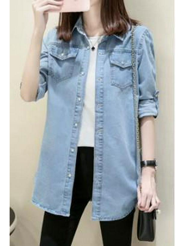 Women's Plus Size Slim Fit Mid-Length Denim Shirt - Long Sleeve Autumn Layer