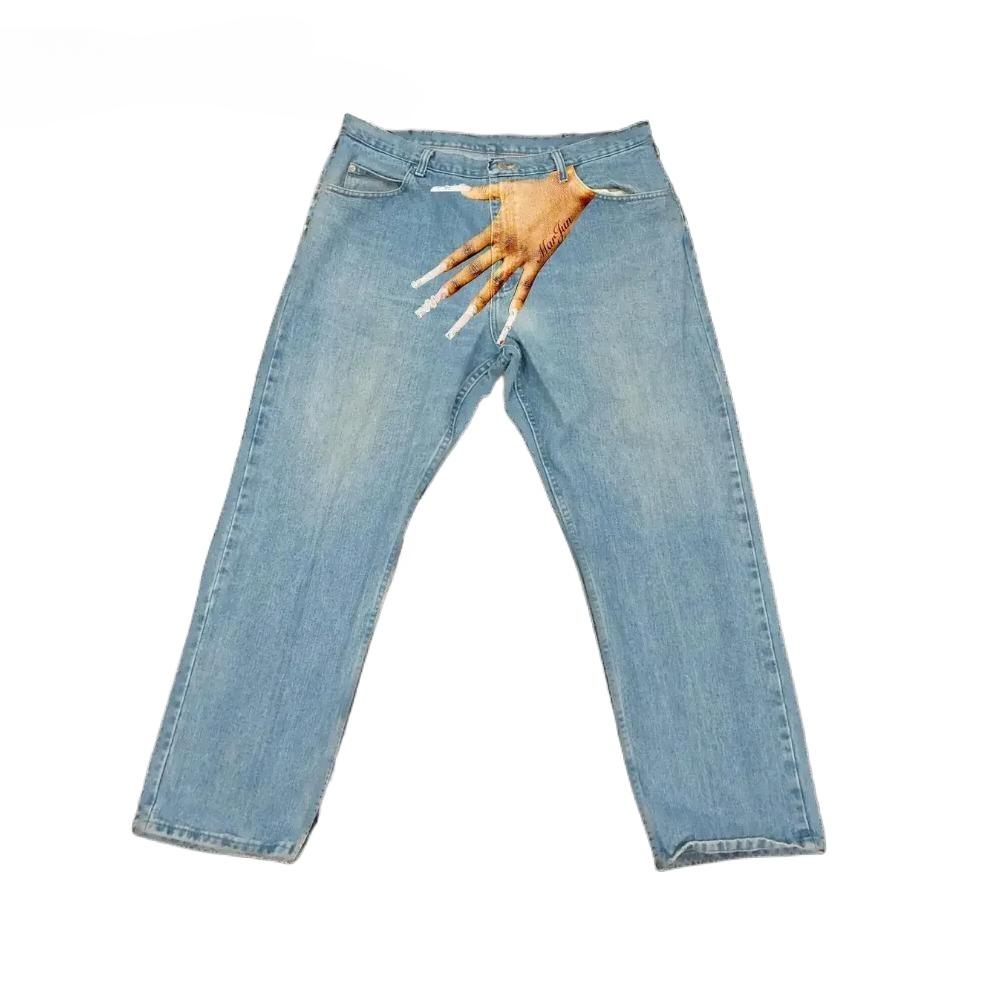 ZYLLO Streetwear Jeans Y2K Gothic Hip Hop Finger Graphic Print Retro Blue Baggy Jeans Men Women Fashion High Waisted Wide Leg Trousers