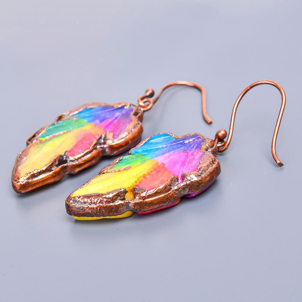 Natural Rainbow Solar Quartz Copper Birthday Dangle Drop Ethnic Earrings Jewelry V-2