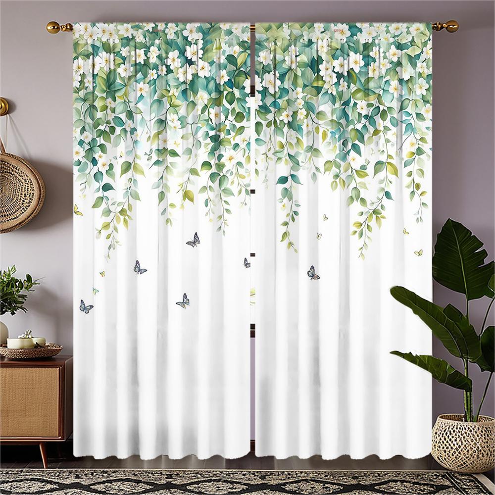 

Piece Set High Definition Digital Printed Curtainwatercolor Green White Floral Leaves Butterflies Curtain Forcrossborderhom Curtains Made Of Polyester W100*H70(CM)-Rod Pocket&1PCS