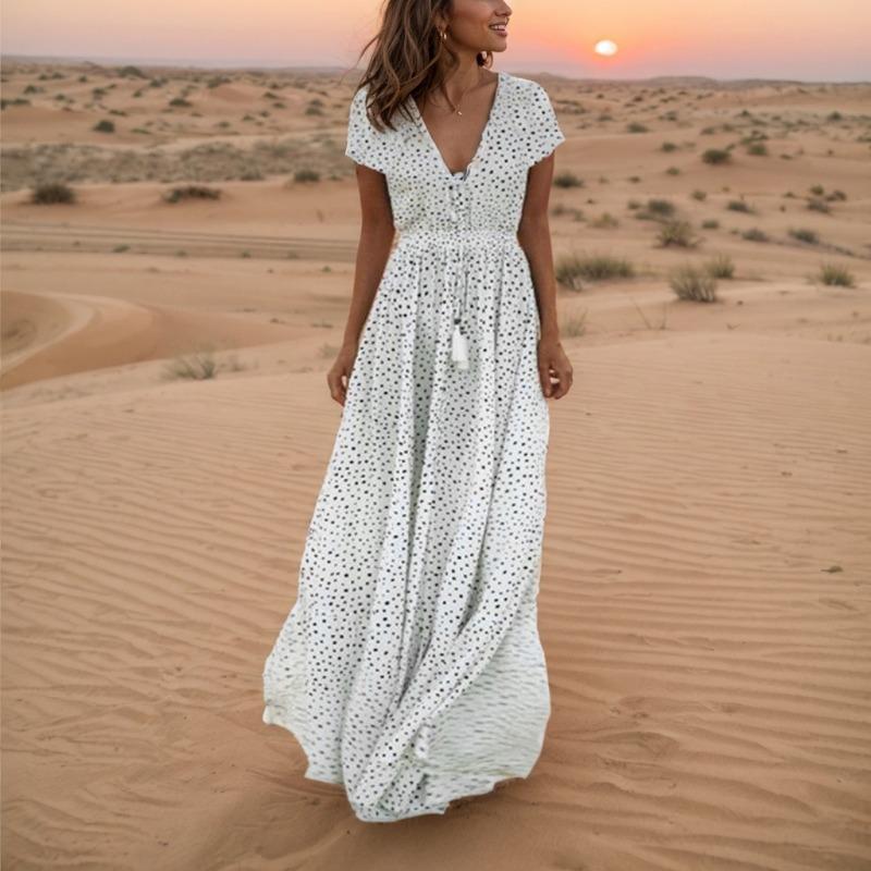 

Стильное летнее платье с V-образным вырезом и коротким рукавом, длинное платье в горошек в стиле бохо на праздники M белый