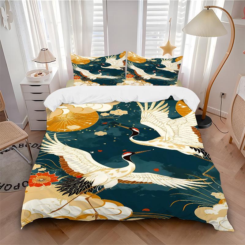 

3pcs Cranes Flowers 1Cover + 2Pillowcases, PillowInserts NotIncluded, Machine Washable, All - Season Use, Suitable for Bedroom Guest Room82 135x200cm
