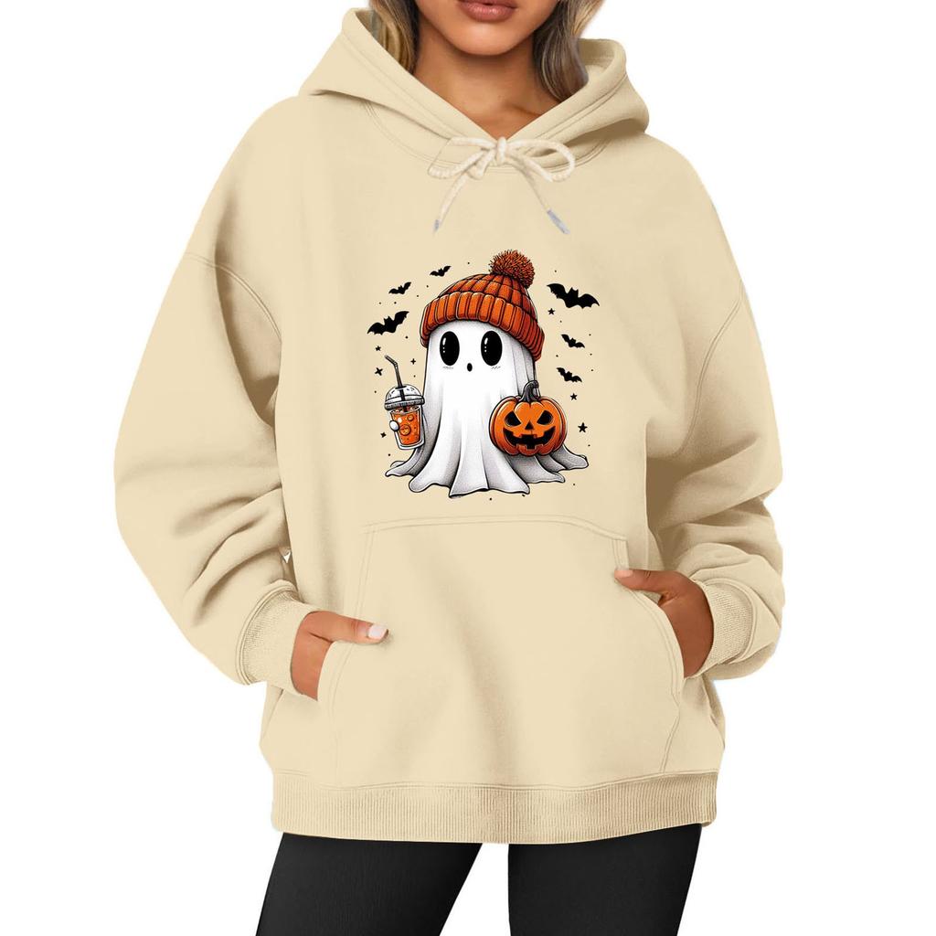 Women's O-neck Long Sleeve Halloween Printed Top Solid Color Hoodie