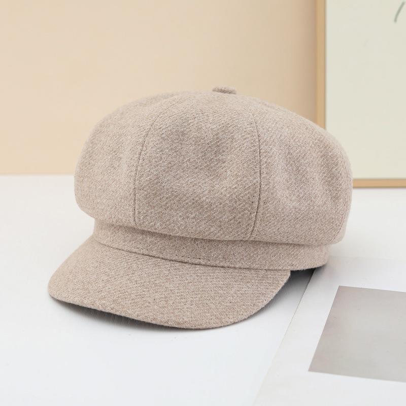 Women S Solid Color Wool Blend Octagonal Newsboy Cap Korean Style Versatile Warm