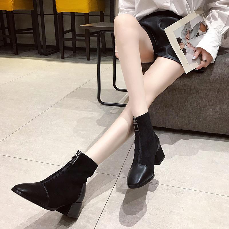 Women's Fashion Mid Boots Fashionable Boots with Front Zipper Thick Heel Suede Midsole Boots Leather Shoes Women's Shoes 35-40