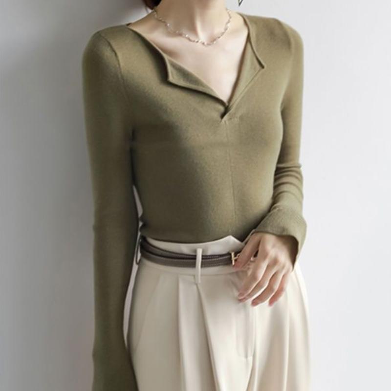 

Нежный стиль V-образный вырез Вязаный базовый слой Топ для женщин Тонкий стиль Весна и Осень Приталенный Дизайнерский Внутренний Свитер Топ XL зелёный