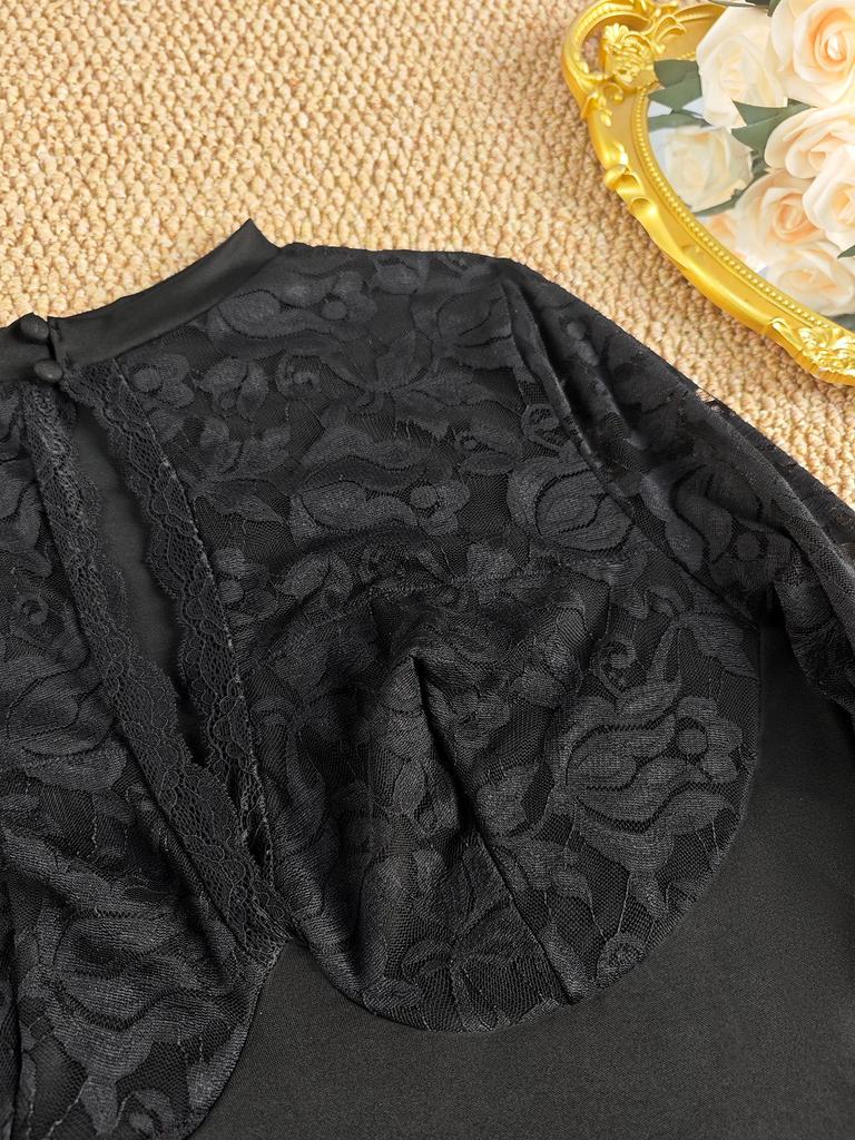 Plus Size Lace See-through Bodysuit with Open Crotch and Hollow-out Design