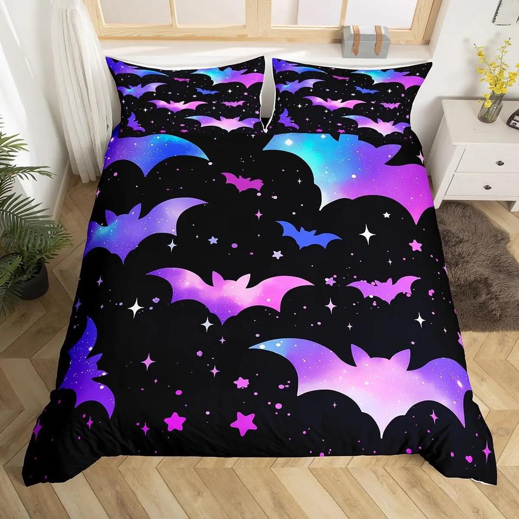 Spooky Dark Bats Duvet Cover Halloween Decoration Glitter Stars Moon Galaxy Bedding Set Cartoon Bat Gothic Comforter Cover Queen