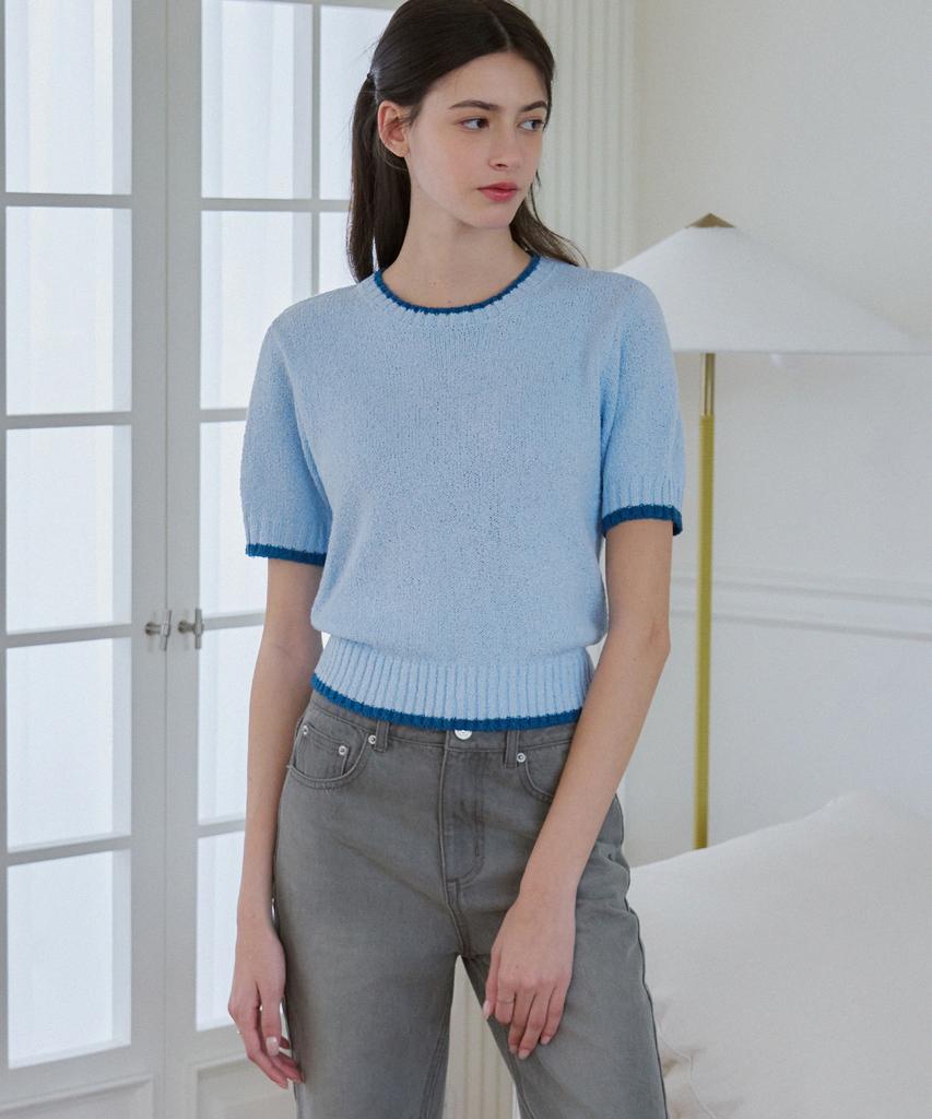 Deuloupisumeon Line Color Block Boucle Short Sleeve Knit [Sky Blue]