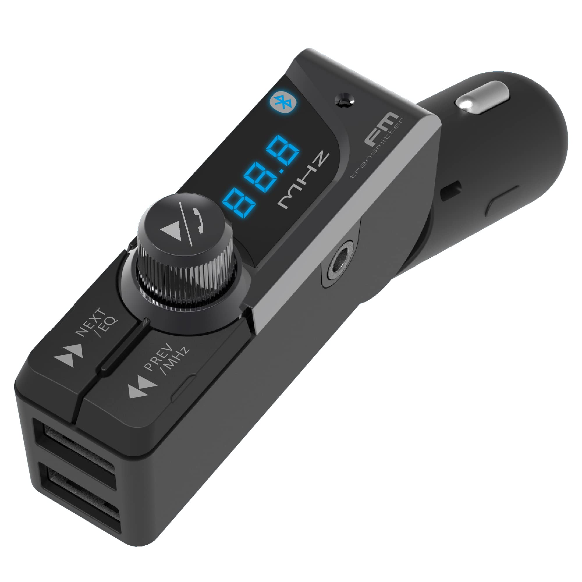 

The NKD-230 is a slim, multi-functional Bluetooth FM transmitter with AUX output, two USB ports, call support, and adjustable angle.