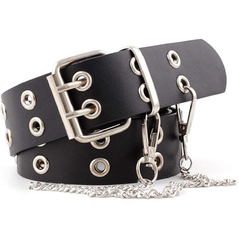 INOGIH Double-Grommet-Belt Leather Punk-Waist-Belt with Chain for Women Jeans Dresses One Size