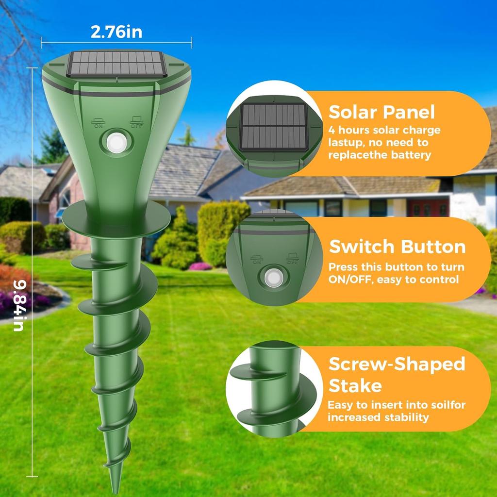 Mole Repellent Solar Powered, 2024 Upgrade IPX7 Waterproof Gopher Vole Repellent for Lawn Garden Yard, Repellent Rat, Squirrel, Skunk, Mole, 4 Pack