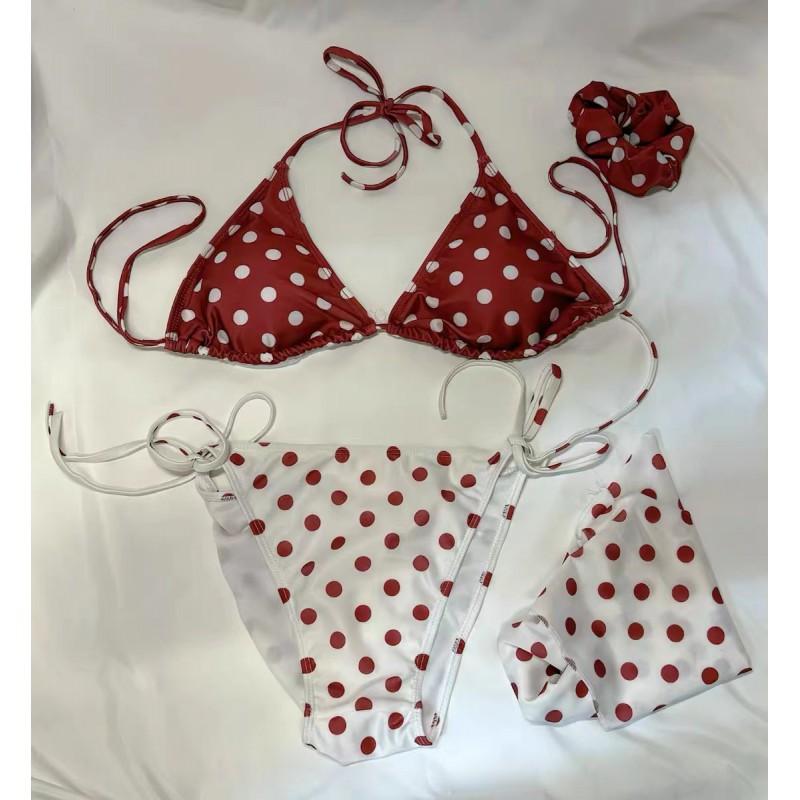 Sexy Polka Dot Bikini Three-piece Swimsuit Female Split Small Chest Gathers Hot Girls Pure Desire Thailand Vacation