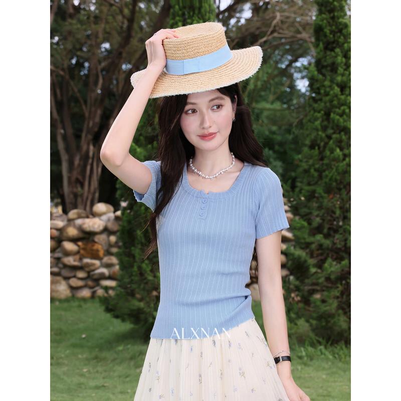 Luxiangnan Women s Blue Short-Sleeved Knit Top L синий