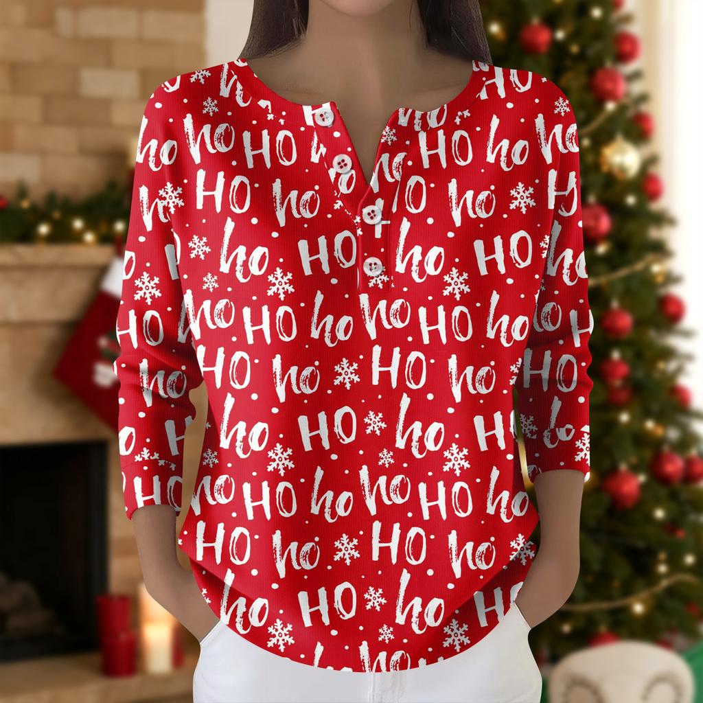 Damska Moda Top z Długim Rękawem z Nadrukiem Świątecznej Śnieżynki Elegancki Casualowy Top
