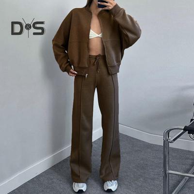 2 Pcs/Set Women Coat Pants Set Stand Collar Zipper Closure Long Sleeve Loose Elastic Cuff High Elastic Waist Wide Leg Solid Color Lady Tracksuit