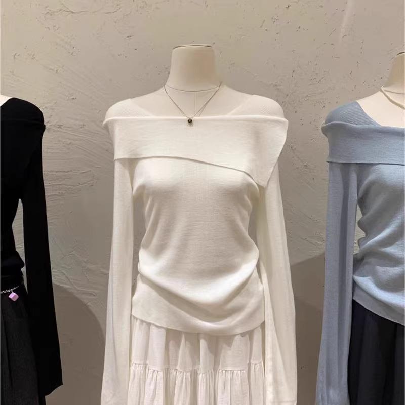 

Premium sense one-word shoulder soft waxy knitted sweater women s spring slim-fit Spice girl long-sleeved bottoming shirt top L абрикосовый