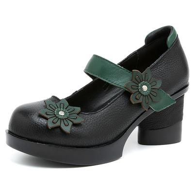 GKTINOO Spring Women Pumps Retro Lady 7CM High Heels Buckle Strap Flower Pumps Handmade Women Genuine Leather Shoes