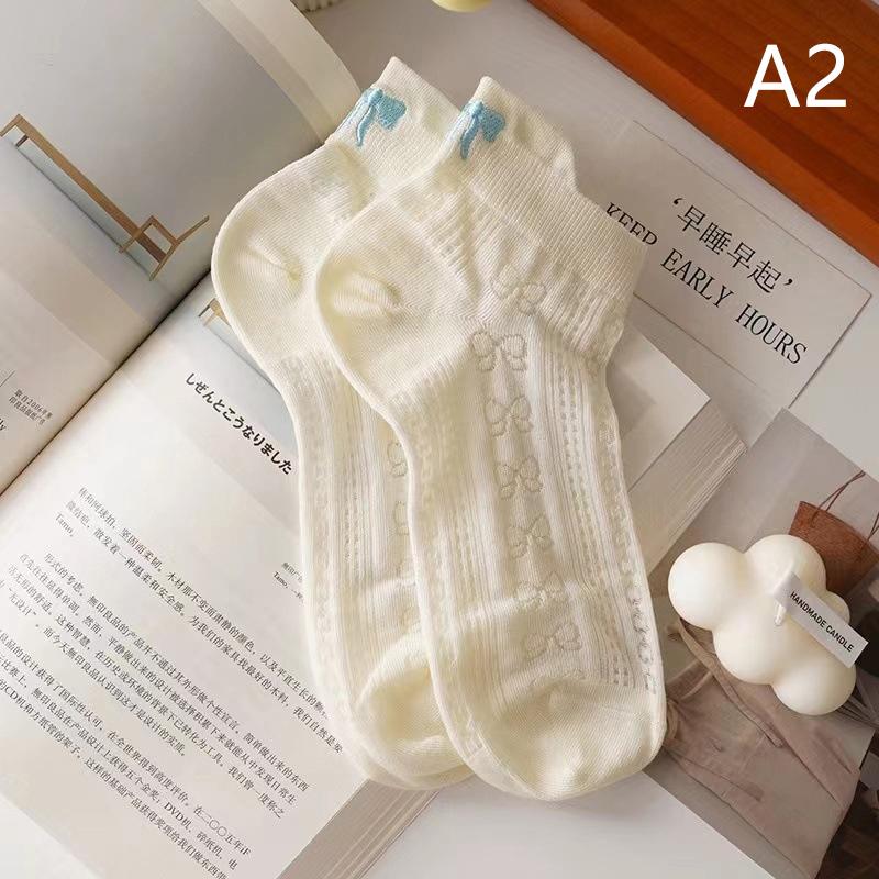Design Heel Bow Women Short Socks Lolita Kawaii Summer Thin Breathable Hollow Out Low Tube Sock Ins Trend White Cotton Socks
