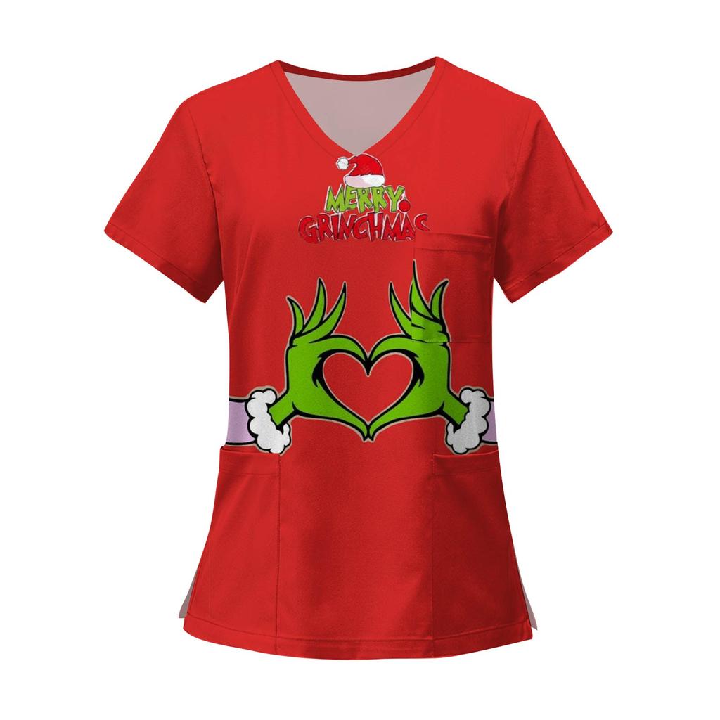 Camisetas de trabajo con bolsillos y cuello en V y manga corta estampadas a la moda para mujer