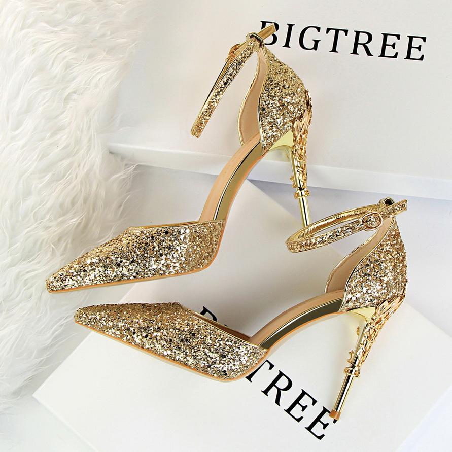 Bigtree European and American Fashion Sexy Hollow Out Nightclub Show Metal Heel  9.5cm High Heel Sparkle Sequins with Sandals