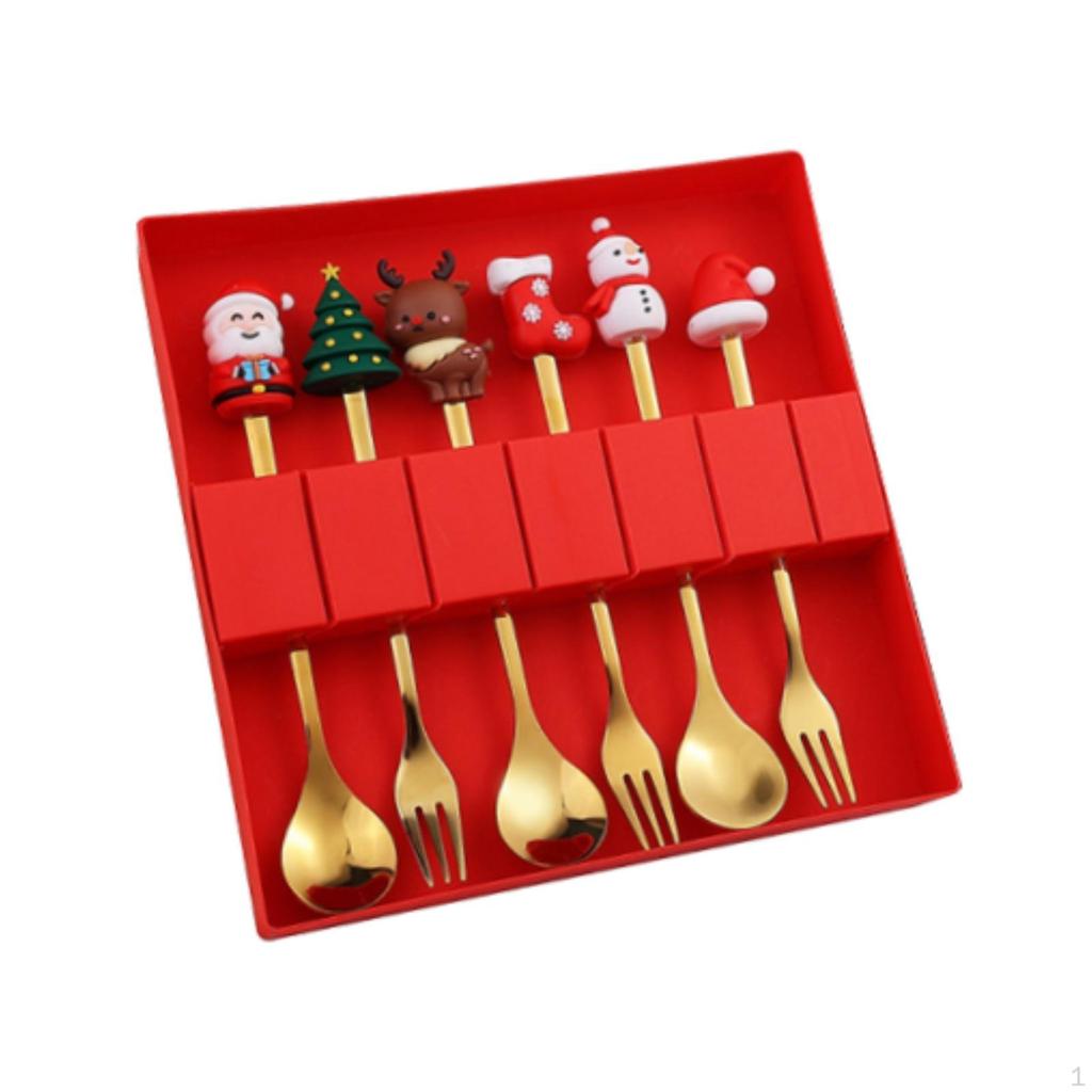 6 Piece Christmas Cutlery Set Flatware with Box Stainless Steel Dessert Spoon Tableware for