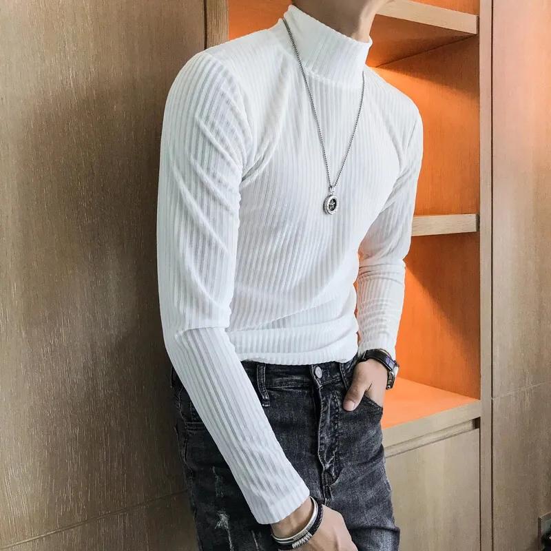 Men's Fall Half-High Neck Striped Long-Sleeve T-Shirt Slim-Fit Mid-Neck Thermal Base Layer