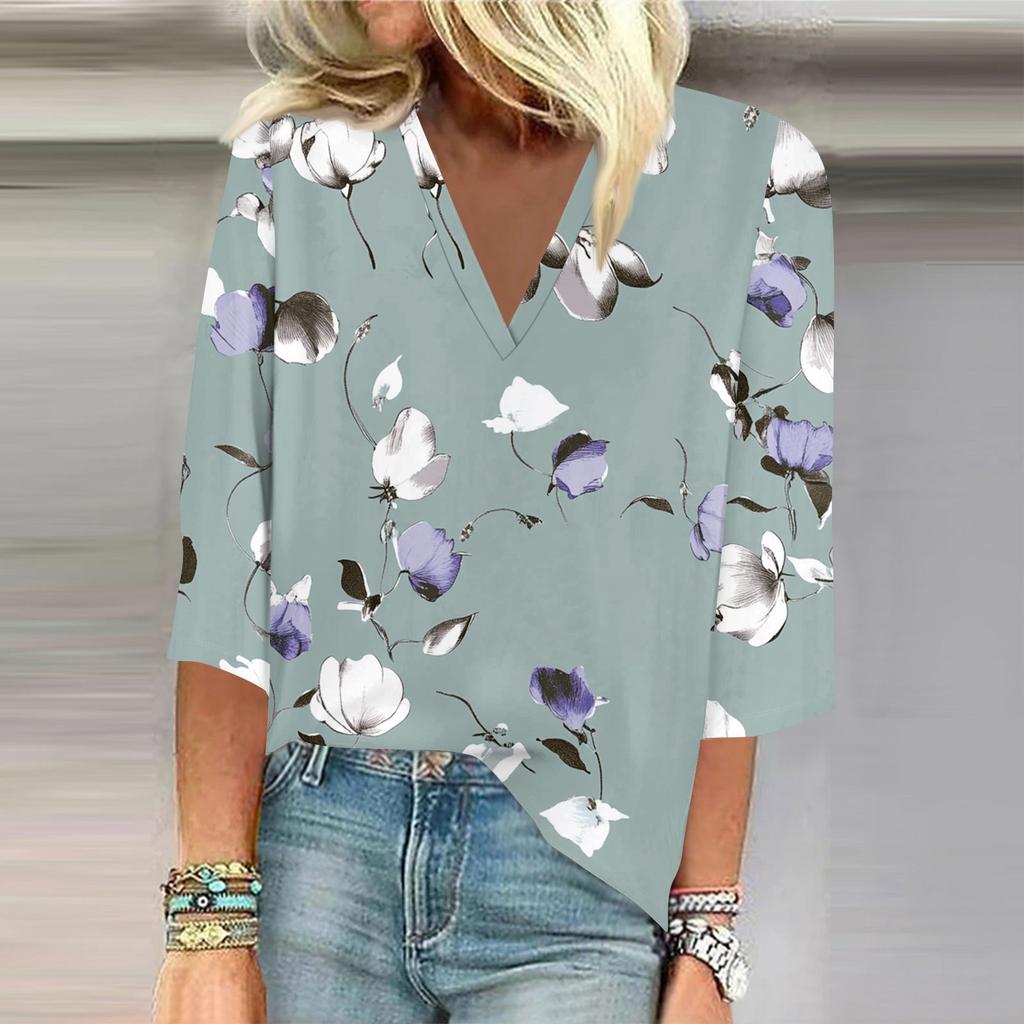 Women's Shirt Blouse Casual Loose Shirts 3/4 Sleeve Print V Neck Tops Print Tops T-shirts Tee