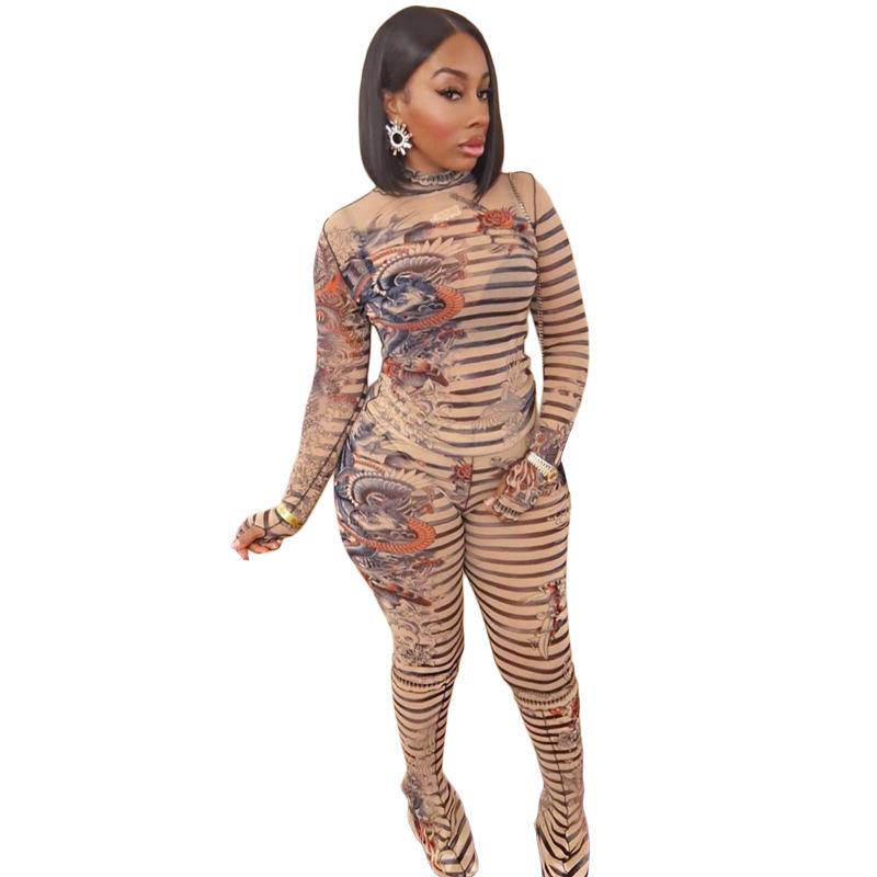 2025 Autumn Women's Sexy Mesh See-Through Print Top & High Waist Casual Pants Set