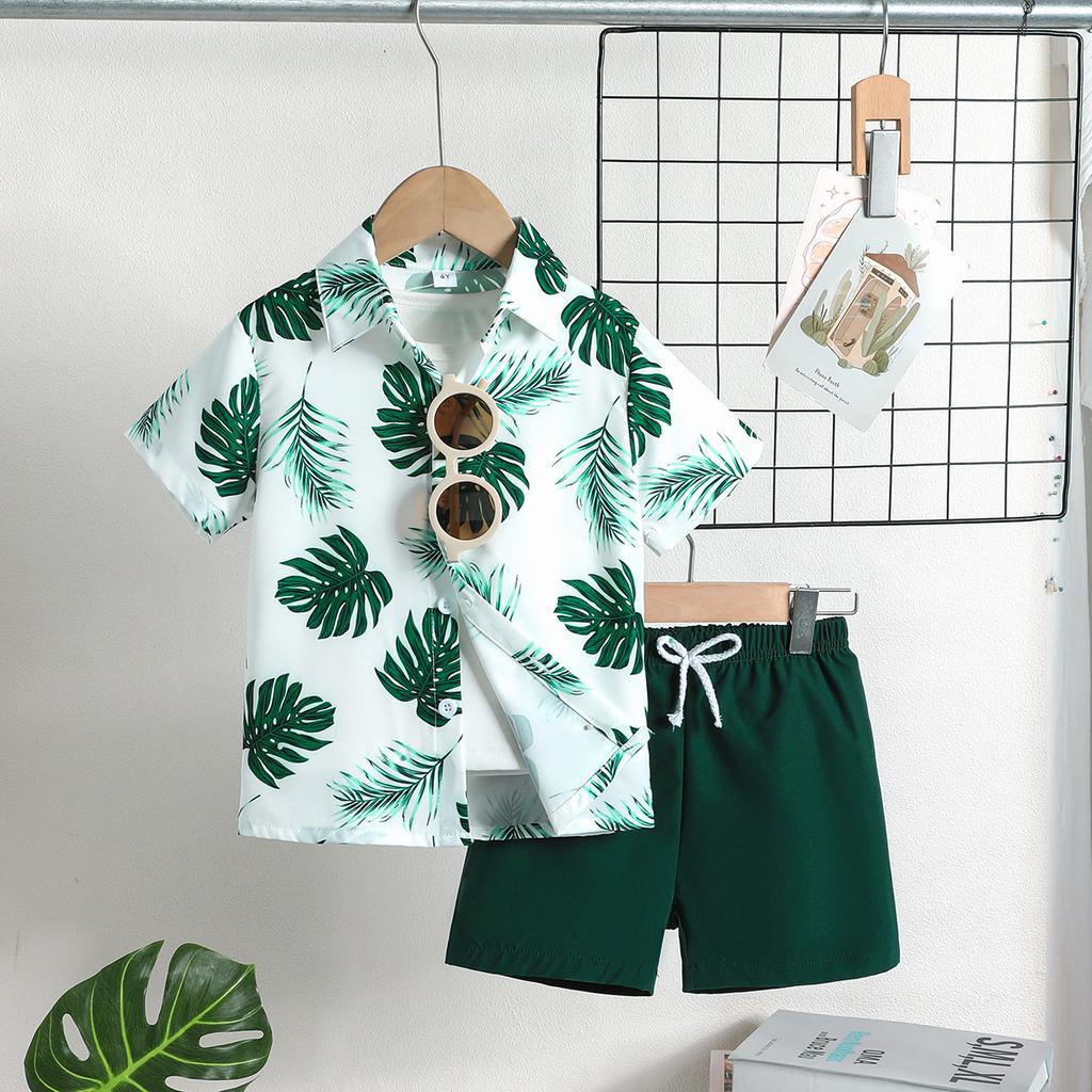Boys' Tropical Leaf Print Shirt & Shorts 2Pcs Outfit