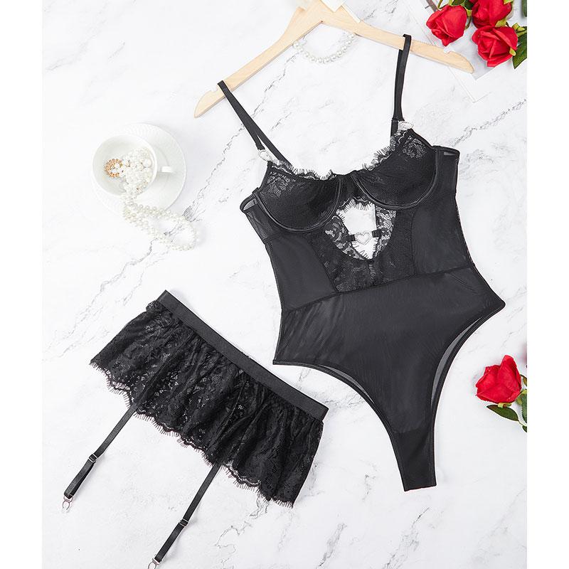 Sexy Lace Underwear Set Exotic Transparent Bra with Garter Belt Bondage Lingerie for Women