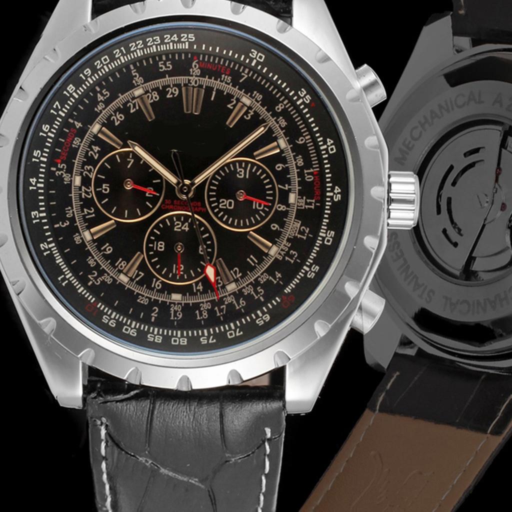 Men S Automatic Mechanical Watch with Leather Strap Fashion Wristwatch Calendar Date Display