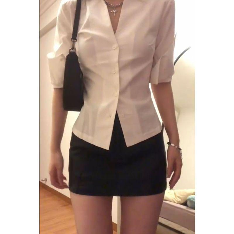 Elegant V-Neck White Slimming Long Sleeve Shirt for Women - Perfect Summer Professional Work Suit