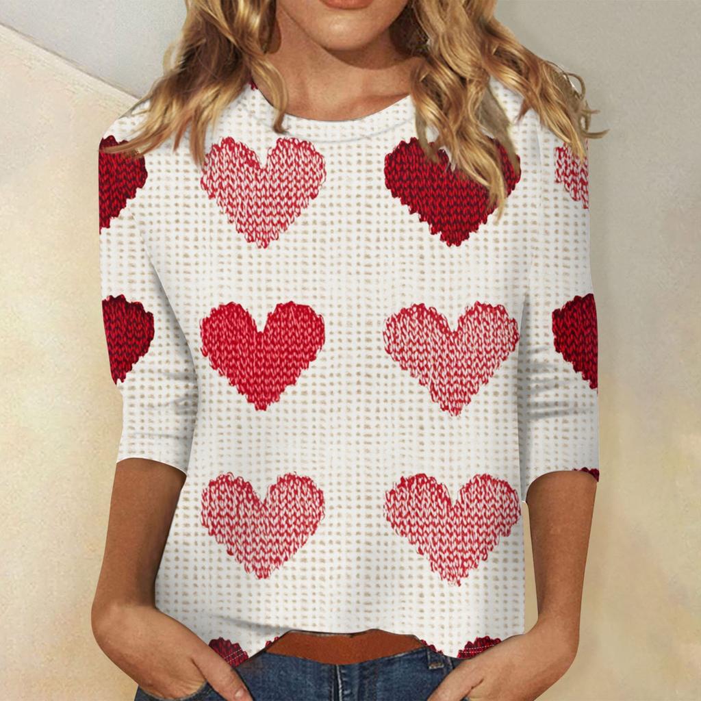 Damenoberteile Dreiviertelärmel Rundhals Loses T-Shirt mit Valentinstags-Print