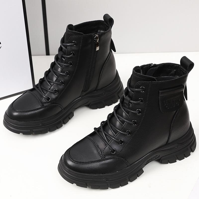 Women's British-Style Genuine Leather Martin Boots, Autumn/Winter 2025: Short, Round Toe, Chunky Heel, Lace-up with Side Zipper.