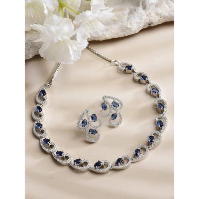 Rhodium-Plated with Silver-Toned White Cubic Zirconia & American Diamond Studded Necklace and Drop Earrings Jewellery Set for Women