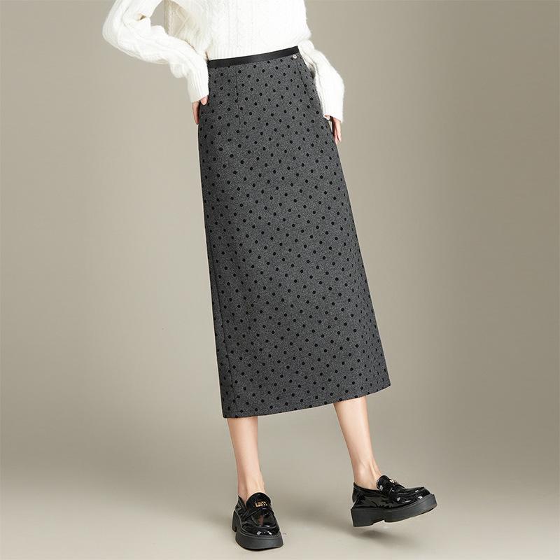 2025 Korean Grey Polka Dot Wool A-Line Skirt: Women's Autumn/Winter Straight Cut, Mid-Length with Back Slit