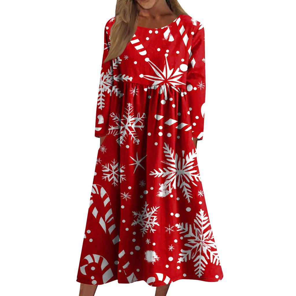 Women's Casual Crew-neck Christmas Print Mid-length Dress Long-sleeved Dress With Pocket