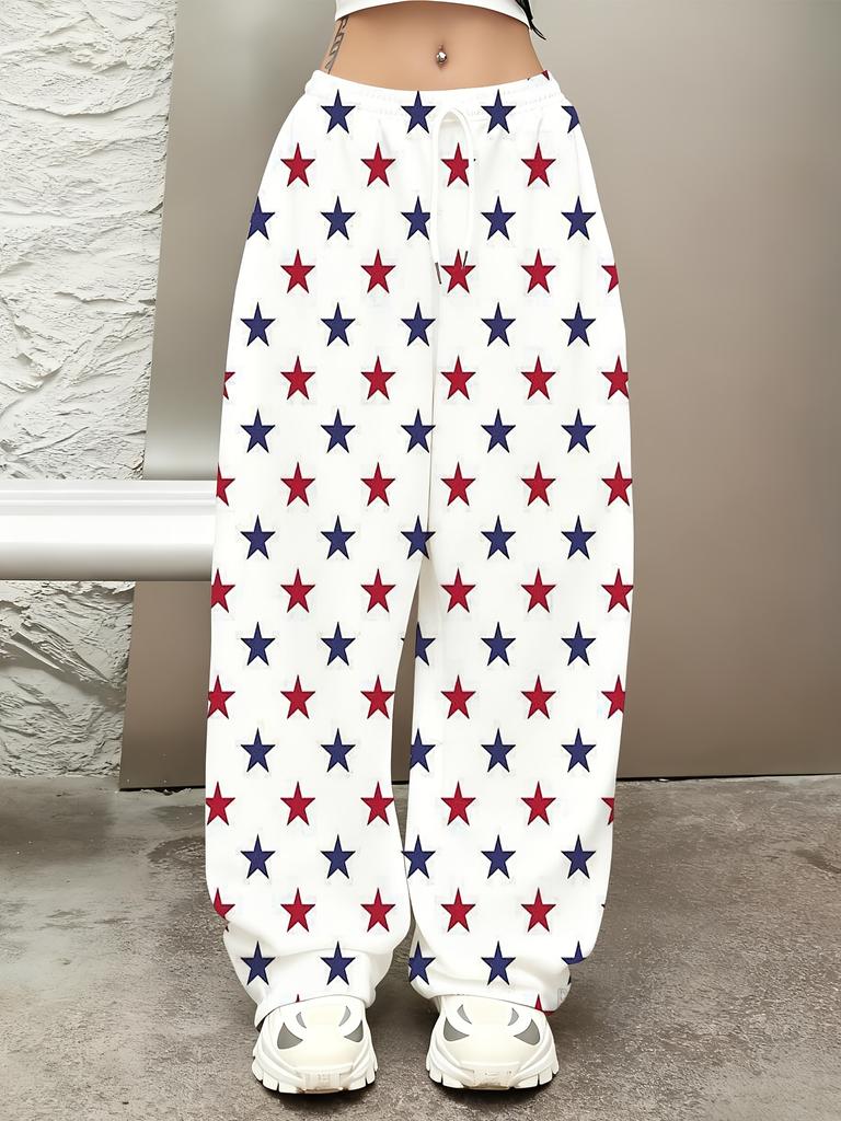 Women's loose star print sweatpants - white/red/blue full star pattern casual trousers