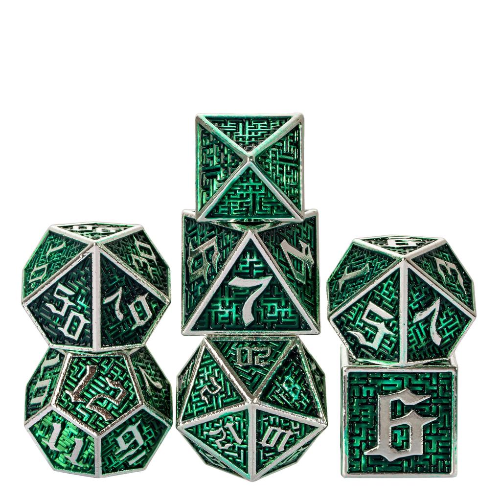 Cusdie DND Labyrinth Metallwürfel Massiv D4-D20 Polyederwürfel Set mit einzigartigem D4 für Rollenspiel Pathfinder Brettspiele TRPG