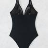 Women's Sexy One Piece Swimsuit Deep V Neck Sheer Mesh Backless Tummy Control Solid Color Monokini Summer Beach Bathing Suit Swimwear