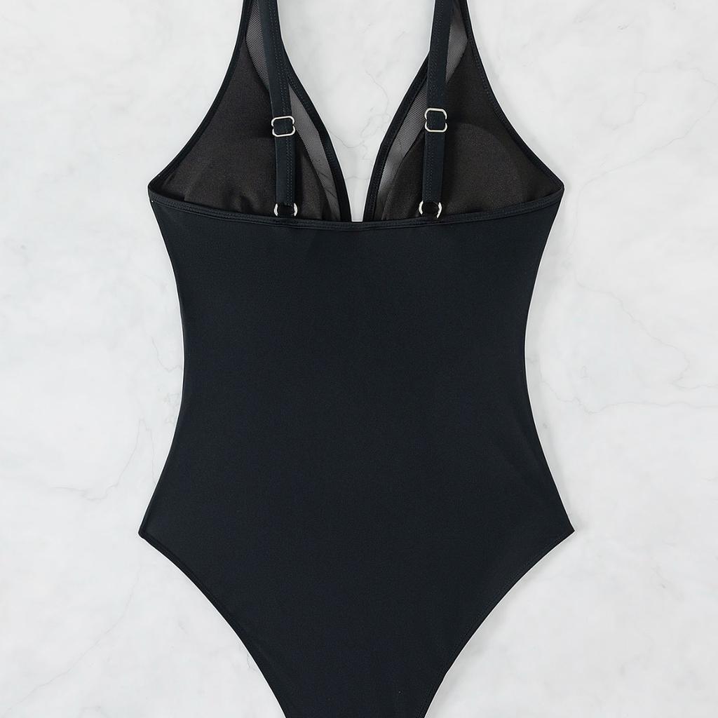 Women's Sexy One Piece Swimsuit Deep V Neck Sheer Mesh Backless Tummy Control Solid Color Monokini Summer Beach Bathing Suit Swimwear
