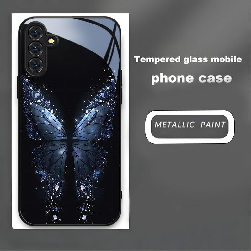 Shiny Butterfly Tempered Glass Phone Case Suitable for Samsung Galaxy S26 S25 S24 S23 S22 S20 FE/Ultra/Plus Anti Drop Back Cover