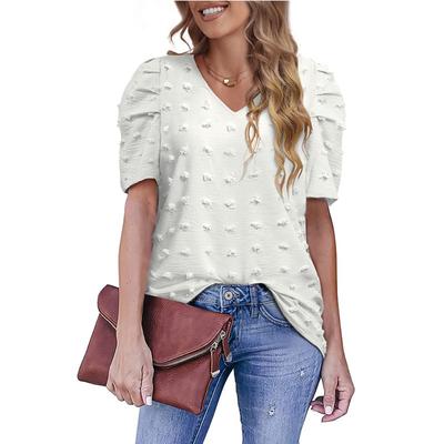 Sommer Damen V-Ausschnitt Puffärmel Pelz Ball Chiffon Pullover Top