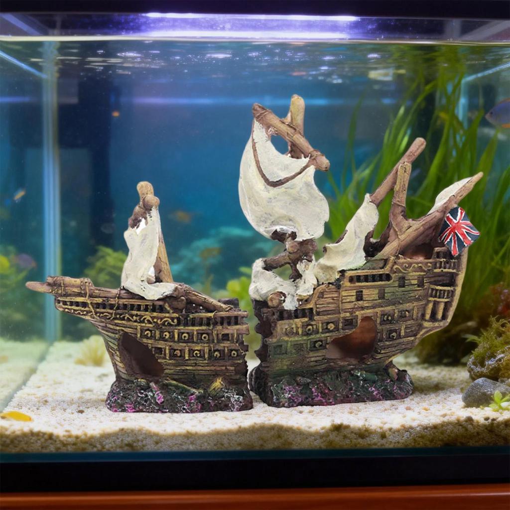 Resin Aquarium Hideout Sunken Ship Playground Ornament for Freshwater Saltwater Tanks and Reptile Habitat